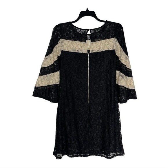 Gabby Skye Women's Striped Lace Shift Dress Size 12 Black Beige 3/4 Bell Sleeves - Picture 3 of 7